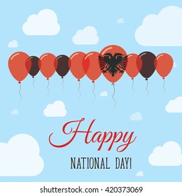 Albania National Day Flat Patriotic Poster. Row of Balloons in Colors of the Albanian flag. Happy National Day Albania Card with Flags, Balloons, Clouds and Sky.