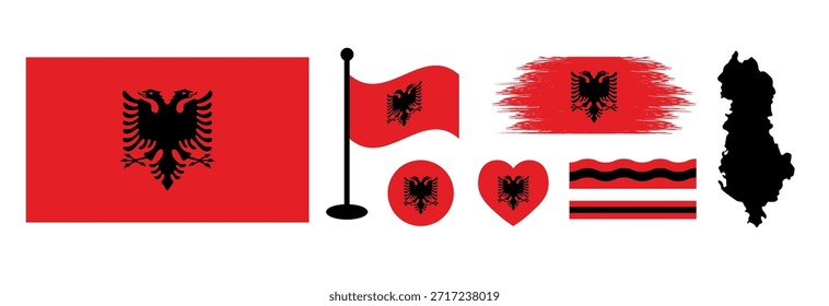 Albanien National Flag Design Elements Collection Set. Beinhaltet Albanien Offizielle Flagge, Albanien Karte Silhouette, Waving Flag, Herz-und Kreis-Symbole, und künstlerische Pinsel Stroke Designs.