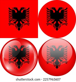 Albania National Flag Symbol Logo Icon, set of 1:1 Square, Round Circular Shape, Bubble and Button Design Vector Illustration Isolated on White Background