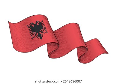 Albania national flag waving ribbon shape with engraved vintage texture
