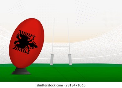 Selección nacional de Albania, pelota de rugby en estadio de rugby y puestos de gol, preparándose para un penal o patada libre. Ilustración vectorial.