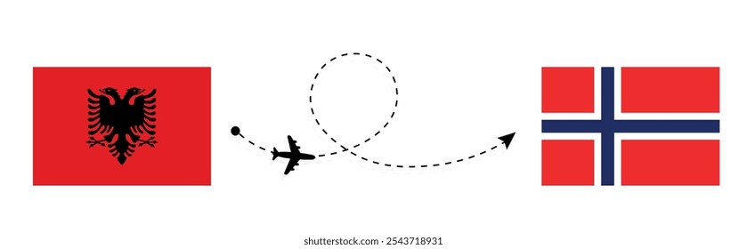 Albânia para a Noruega viaja .  Conceito aéreo de viagem de avião de Tirana para Oslo. Bandeiras da Albânia e da Noruega