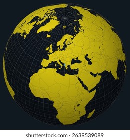 Albania on Globe. Country view on the world map in Charcoal Bright Yellow color palette. Albania shape on map. Globe with meridians, parallels, countries, rivers and lakes.