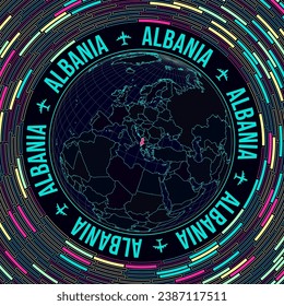 Albania on globe. Satelite view of the world centered to Albania. Bright neon style. Futuristic radial bricks background. Captivating vector illustration.