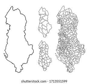 Albania outline map vector with administrative borders, regions, municipalities, departments in black white colors