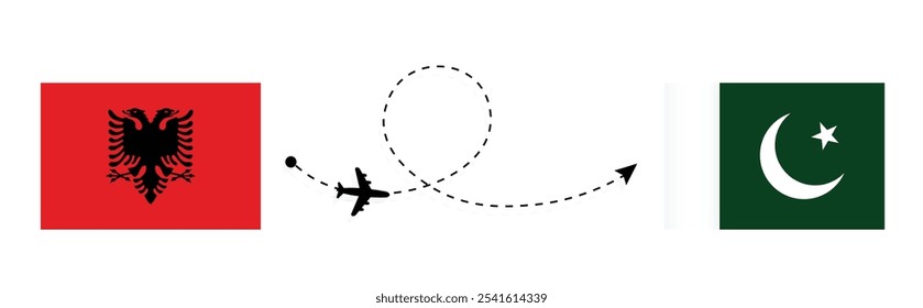 Conceito de avião que leva a Albânia ao Paquistão. Tirana para Islamabad passageiro viajando de avião . Bandeira da Albânia e do Paquistão