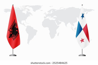 Albania and Panama flags for official meeting against background of world map.