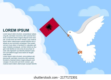 Albania peace concept with text area, Dove of Peace bird with Albania flag in its beak, dove flying in the clouds, vector illustration design, Albania peace day template, freedom idea