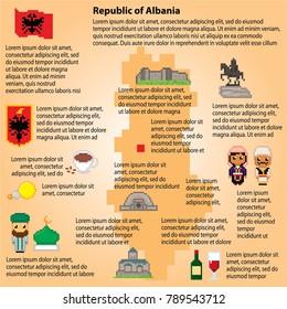 Albania. Pixel art. Old school computer graphic style. 8 bit video game. game element.
