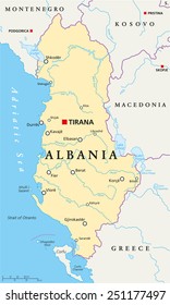 Albania Political Map with capital Tirana, national borders, important cities, rivers and lakes. English labeling and scaling. Illustration.