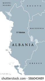 Albania political map with capital Tirana, national borders and neighbor countries. Republic and sovereign state in Southeastern Europe on Balkan peninsula. Gray illustration, English labeling. Vector