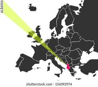 Albania - political map of Europe with marked state. Marker looks like ray of light. (vector illustration)