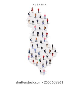 Albania population map. Large group of realistic a diverse crowd of people figures in a shape of Albanian map. Flat vector illustration isolated on white.
