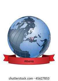 Albania, position on the globe Vector version with separate layers for globe, grid, land, borders, state, frame; fully editable