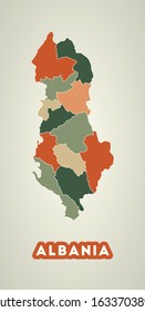 Albania poster in retro style. Map of the country with regions in autumn color palette. Shape of Albania with country name. Captivating vector illustration.