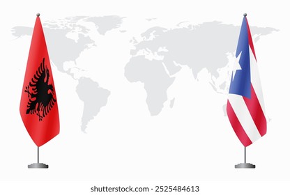 Albania and Puerto Rico flags for official meeting against background of world map.