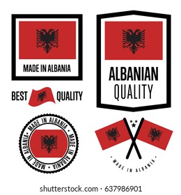 Albania quality isolated label set for goods. Exporting stamp with albanian flag, nation manufacturer certificate element, country product vector emblem. Made in Albania badge collection.
