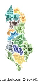 Albania region word cloud. Country shape design. Albania colored illustration. Region names collage cloud. Vector illustration.