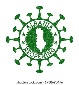 Albania Reopening Stamp. Green round badge of country with map of Albania. Country opening after lockdown. Vector illustration.