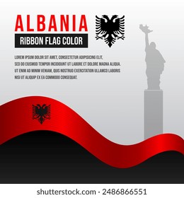 Albania ribbon flag with Mother Albania Monument silhouette and decoration