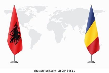 Albania and Romania flags for official meeting against background of world map.