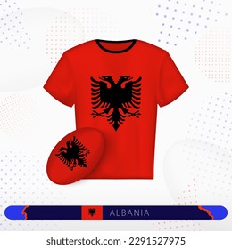 Albania rugby jersey with rugby ball of Albania on abstract sport background. Jersey design.