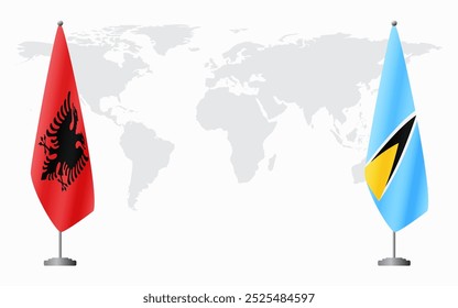 Albania and Saint Lucia flags for official meeting against background of world map.