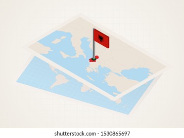 Albania selected on map with isometric flag of Albania. Vector paper map.