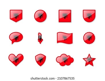 Albania - set of shiny flags of different shapes. Vector illustration