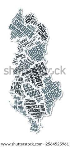 Albania shape text cloud. Country border with shadow on white background. Albania with regions division in vintage gazette style. Modern vector illustration.