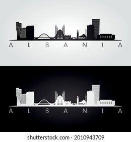 Silueta de horizonte y monumentos de Albania, diseño blanco y negro, ilustración vectorial.