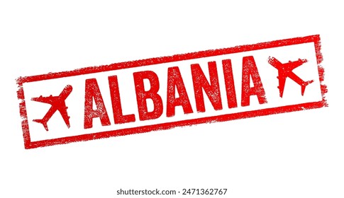 Albania - is a small country with Adriatic and Ionian coastlines and an interior crossed by the Albanian Alps, text emblem stamp with airplane