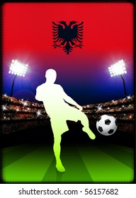 Albania Soccer Player with Flag on Stadium Background Original Illustration