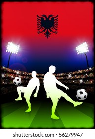 Albania Soccer Player with Flag on Stadium Background Original Illustration