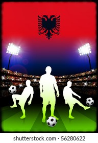 Albania Soccer Player with Flag on Stadium Background Original Illustration