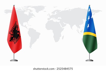 Albania and Solomon Islands flags for official meeting against background of world map.