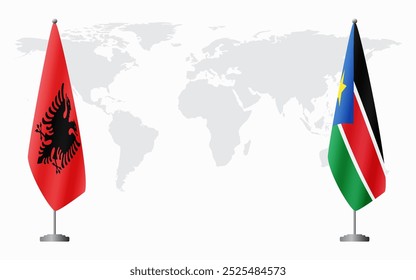 Albania and South Sudan flags for official meeting against background of world map.