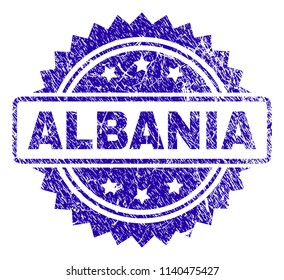 ALBANIA stamp watermark with corroded style. Blue vector rubber seal print of ALBANIA title with corroded texture.