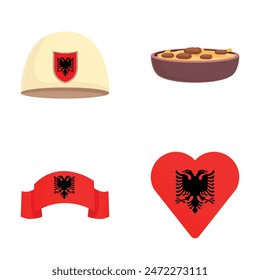 Iconos de símbolo de Albania conjunto de dibujos animados Vector. Varios símbolos de Albania. país europeo