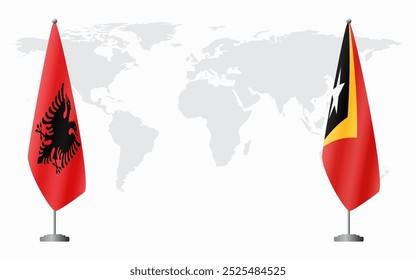 Albania and Timor-Leste flags for official meeting against background of world map.