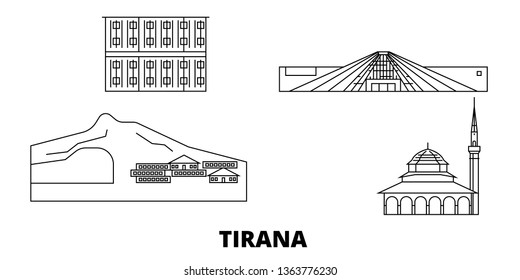 Albania, Tirana line travel skyline set. Albania, Tirana outline city vector illustration, symbol, travel sights, landmarks.