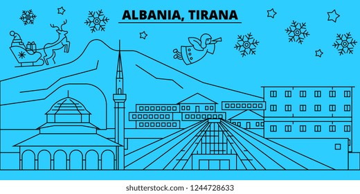 Albania, Tirana winter holidays skyline. Merry Christmas, Happy New Year decorated banner with Santa Claus.Flat, outline vector.Albania, Tirana linear christmas city illustration