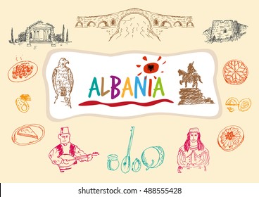 Albania Traditional Symbols, Heritage Sites, Local Cuisines and Tourist Sites in Doodle concept art. Editable Clip Art.