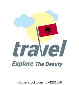 Albania Travel Country Flag Logo. Explore the The Beauty lettering with Sun and Clouds and creative waving flag. travel company logo design - vector illustration