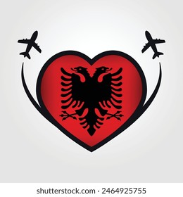 Albania Travel Heart Flag With Airplane Icons