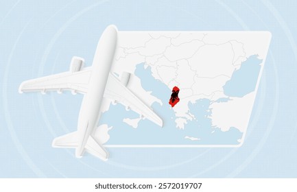 Albania Travel Illustration with Plane and National Flag. Ideal for travel agencies, promotional materials, or geographic content related to Albania.