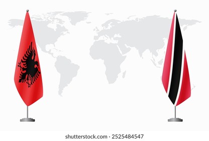 Banderas de Albania y Trinidad y Tobago para reunión oficial con antecedentes del mapa mundial.