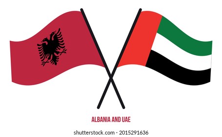 Banderas de Albania y de los Emiratos Árabes Unidos cruzan y ondean estilo plano. Proporción oficial. Colores correctos.
