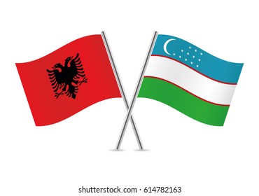 Albania and Uzbekistan flags. Albanian and Uzbek flags isolated on white background. Vector icon set. Vector illustration.