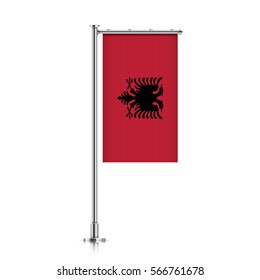 Albania vector banner flag hanging on a silver metallic pole. Vertical Albania flag template isolated on a white background.